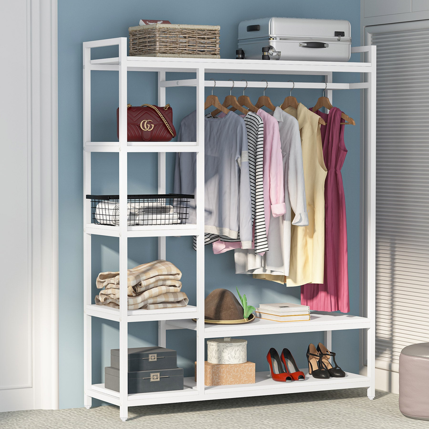 Closet Organizer with 6 Shelves and Hanging Bar